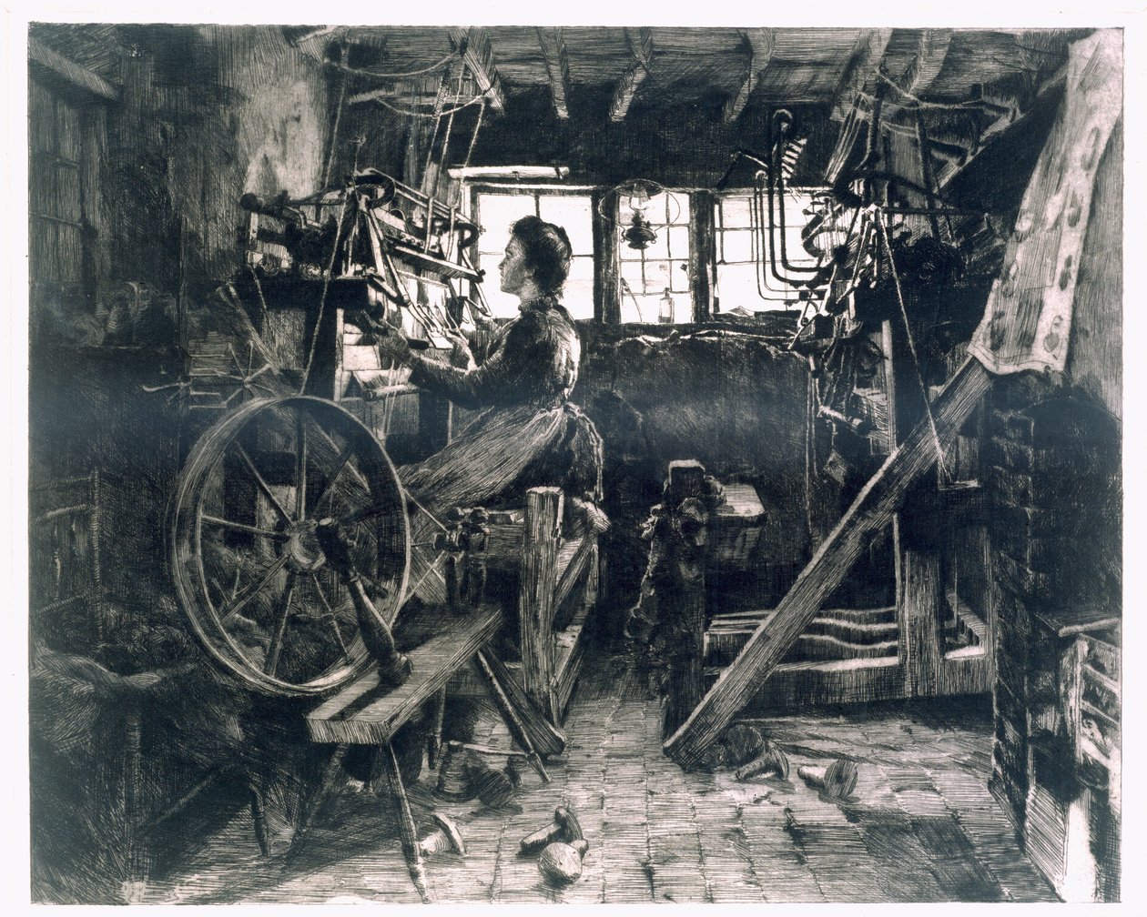 Un atelier typique de tisserands de la première révolution industrielle - English School