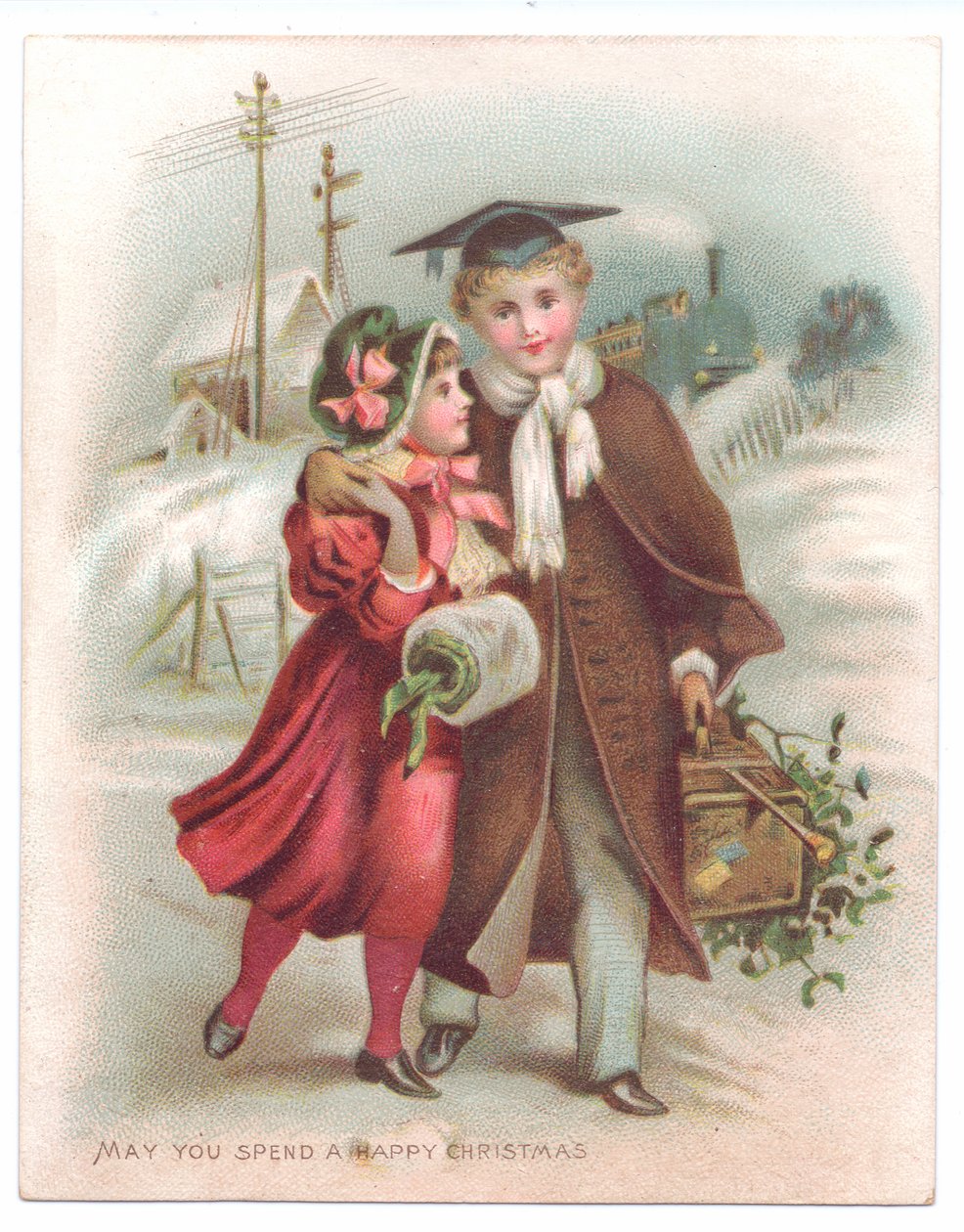 Carte de Noël victorienne avec un garçon portant un mortier avec son bras autour d