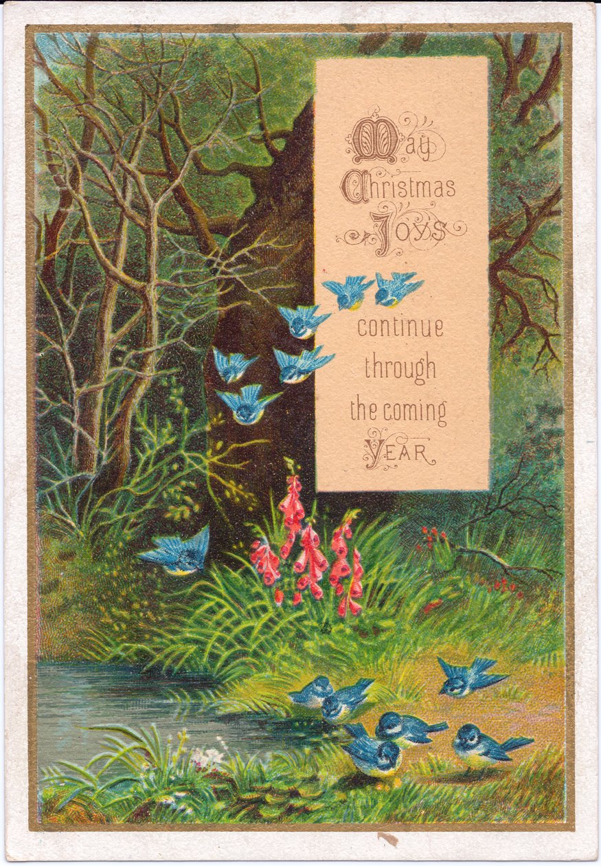 Carte de Noël victorienne avec des oiseaux bleus dans un cadre boisé, vers 1880 (lithographie en couleur) - English School