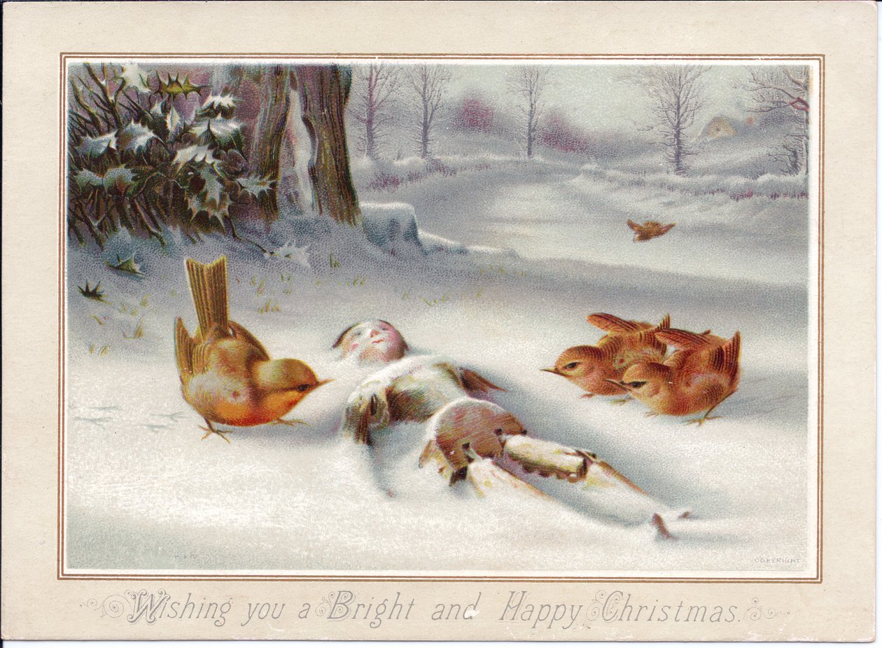 Carte de Noël victorienne représentant des robins regardant une marionnette en bois dans la neige, vers 1880 (lithographie en couleurs) - English School