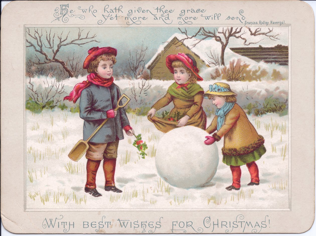 Carte de Noël victorienne représentant trois enfants jouant avec une grosse boule de neige, vers 1880 (lithographie couleur) - English School