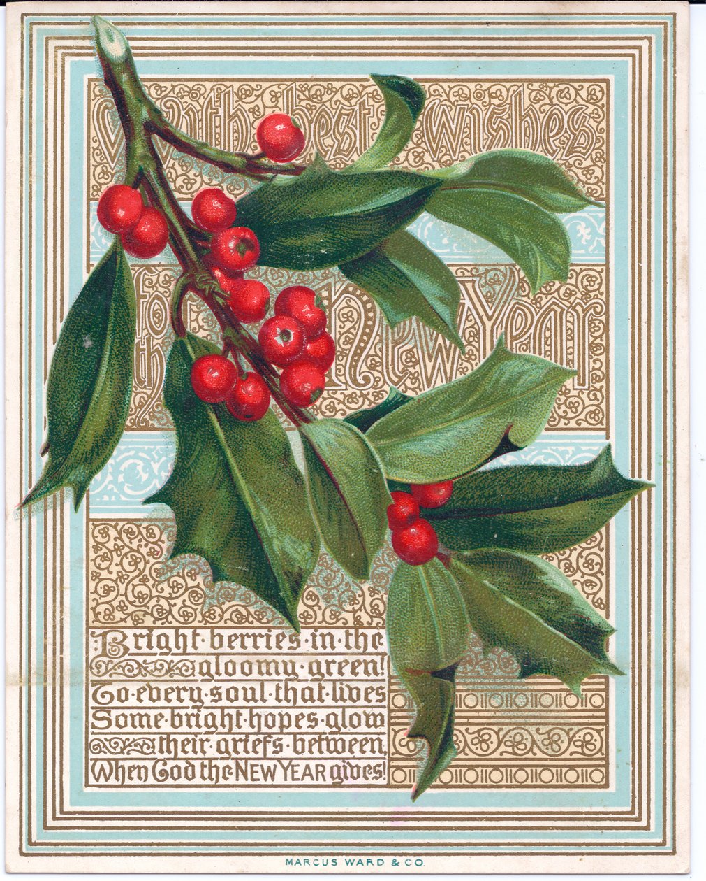 Carte de Noël victorienne avec une branche de houx couvrant un vers. Publié par Marcus Ward, c.1880 - English School
