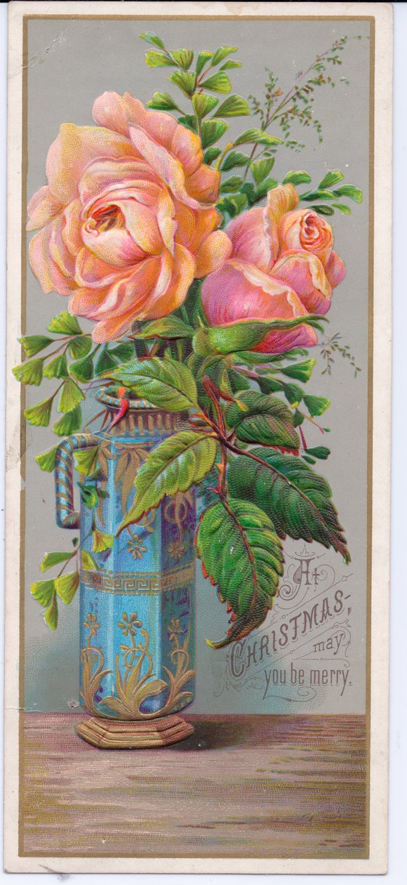 Carte de Noël victorienne avec des roses dans un vase bleu, vers 1880 (lithographie couleur) - English School