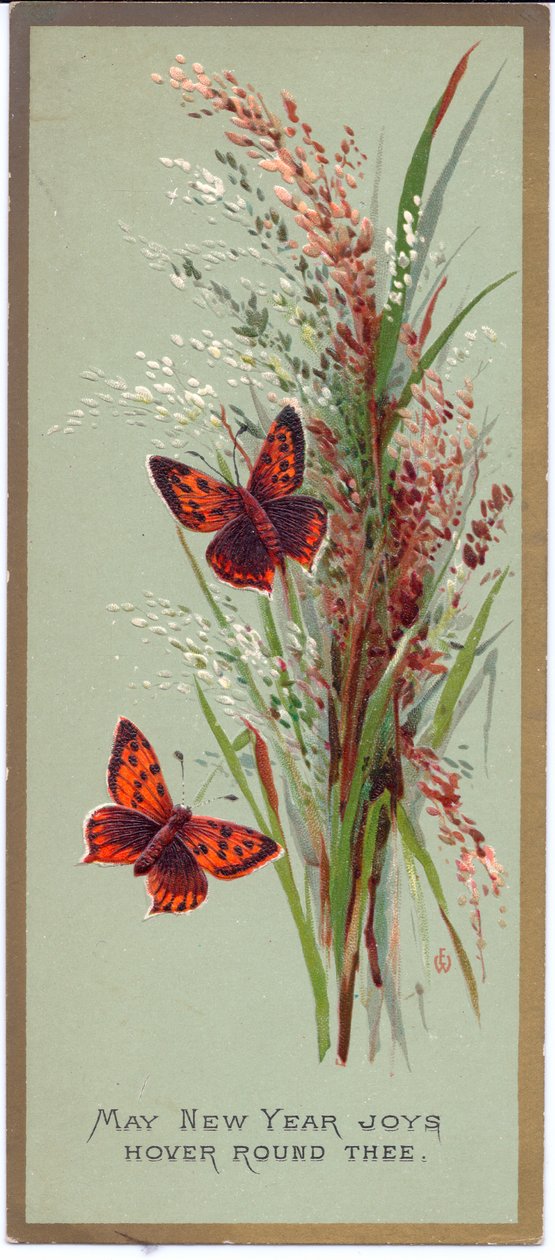 Carte de Nouvel An victorienne de deux papillons parmi de hautes herbes, vers 1880 - English School