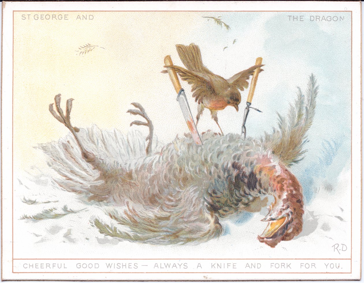Calendrier victorien des saisons représentant un couple âgé en costume médiéval marchant dans la neige et un jeune couple également en costume médiéval profitant d