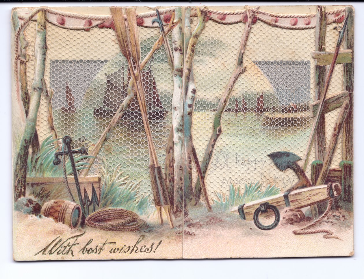 Carte de vœux victorienne de navires à voile vus à travers un écran de gaze, vers 1880 - English School