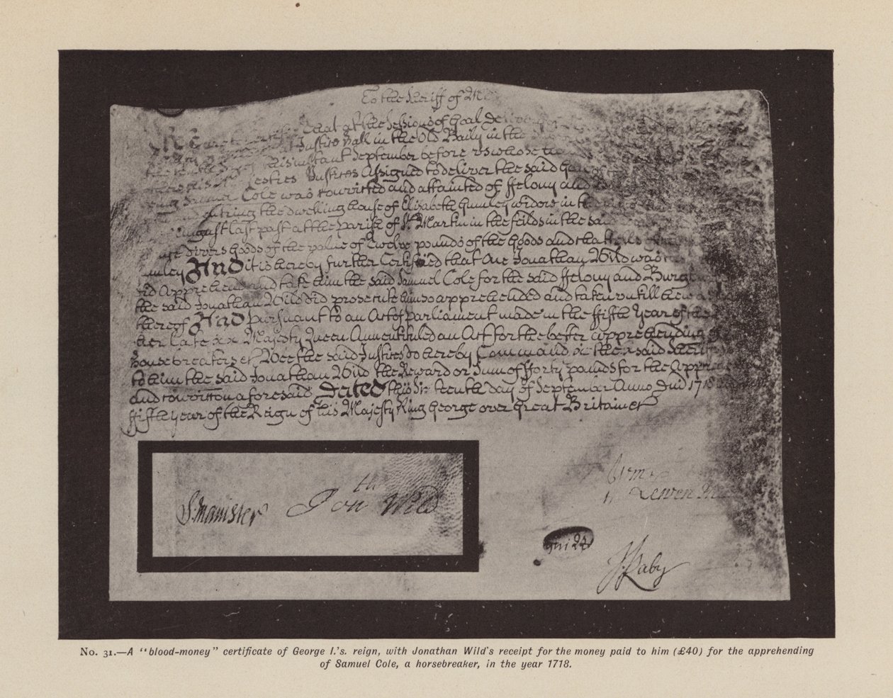 Un certificat de "monnaie de sang" de George I." (lithographie) - English School