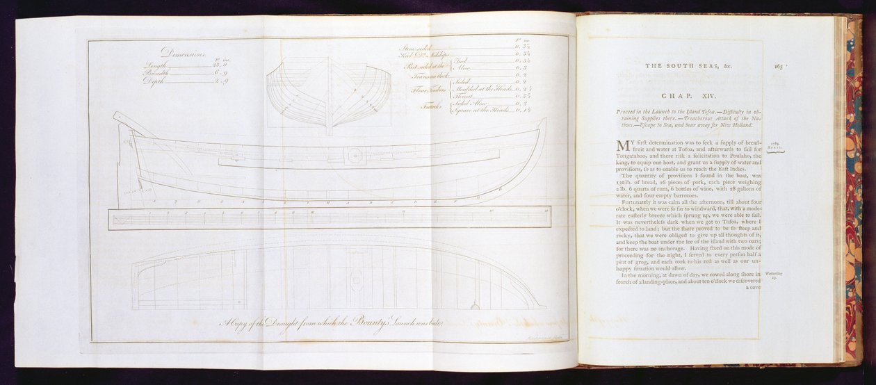 Une copie du plan à partir duquel le canot du Bounty a été construit, de A Voyage to the South Sea, par William Bligh, gravé par Mackenzie, publié en 1792 - English School