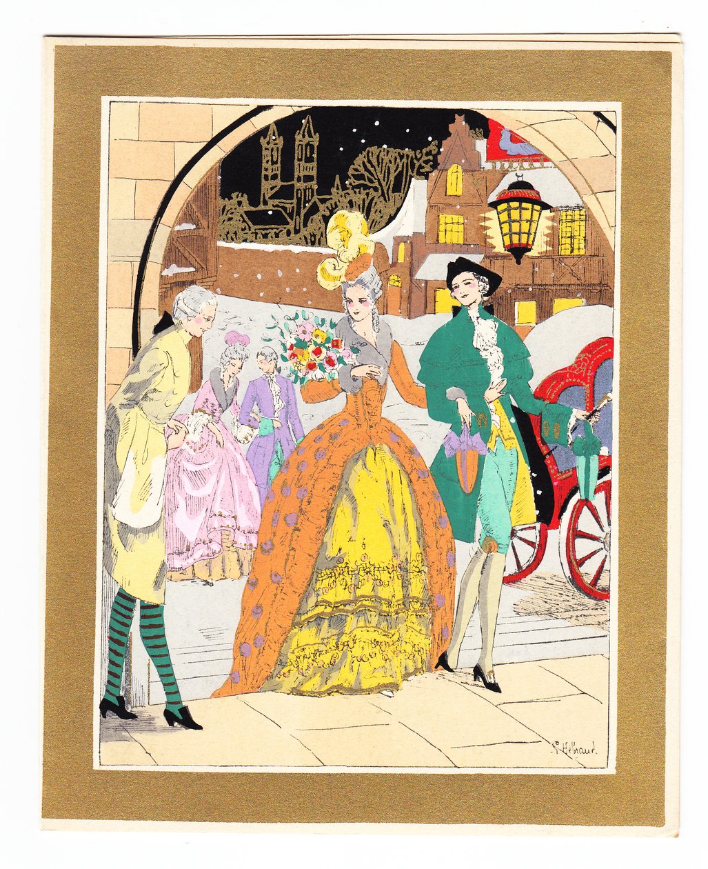 Carte de Noël française pochoir colorée à la main représentant un valet accueillant une paire de visiteurs en tenue Régence, vers 1920 - English School