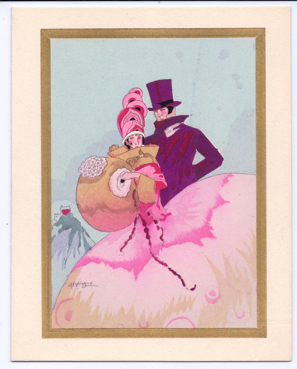 Carte de Noël française pochoir colorée à la main d