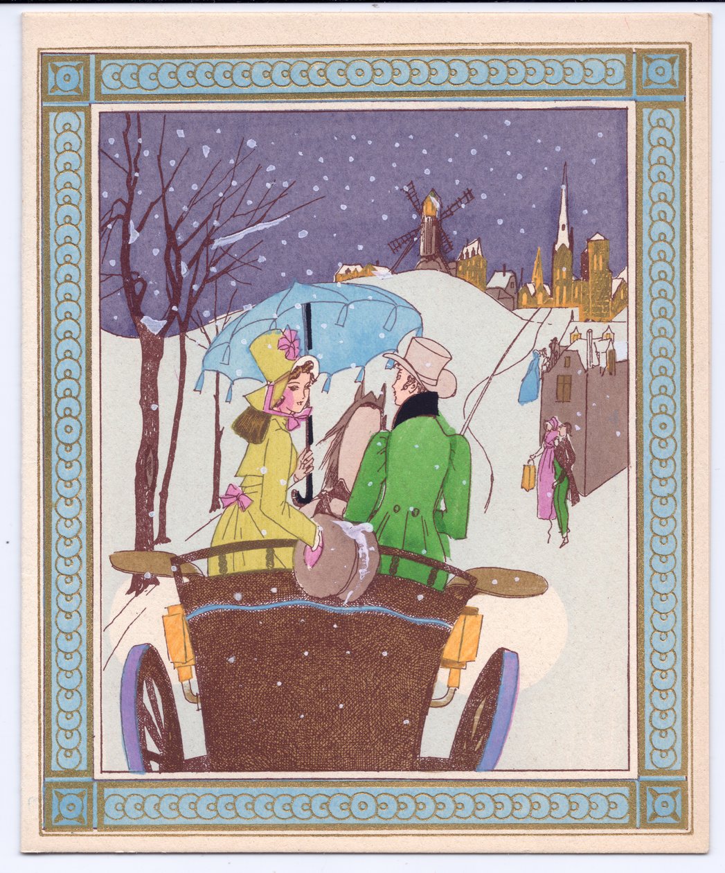 Carte de Noël française pochoir colorée à la main d