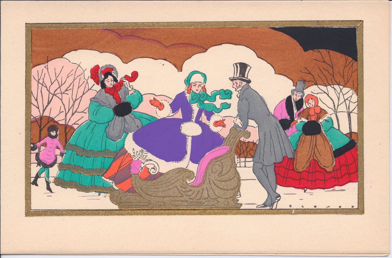 Carte de Noël française pochoir colorée à la main de patineurs victoriens avec un traîneau, vers 1920 - English School