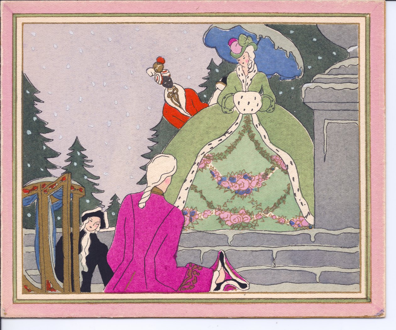 Carte de Noël française pochoir colorée à la main d