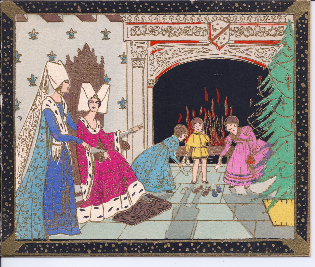 Carte de Noël française pochoir colorée à la main de dames médiévales portant des chapeaux papillon et des enfants devant une grande cheminée réchauffant leurs chaussures, vers 1920 - English School