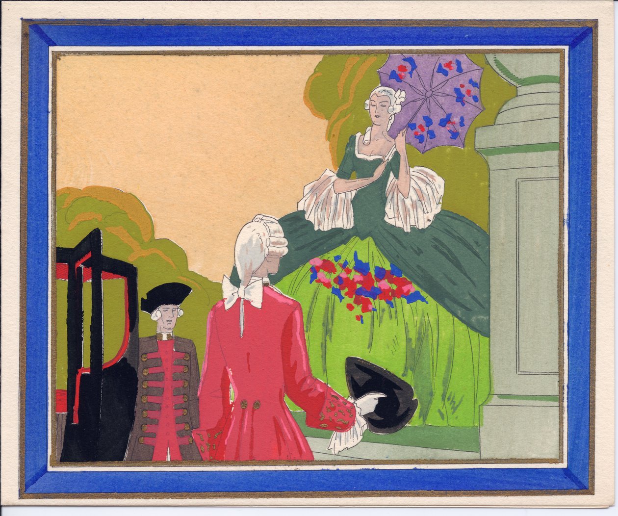 Carte de vœux française en pochoir, coloriée à la main, représentant un homme à perruque et un valet de pied attendant qu