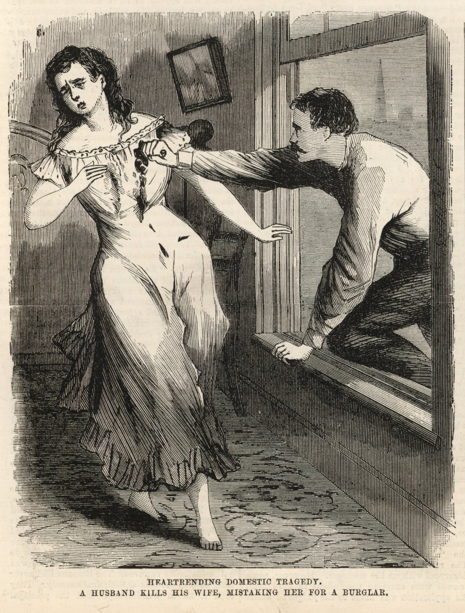 Un mari tue sa femme en la prenant pour un cambrioleur (gravure) - English School