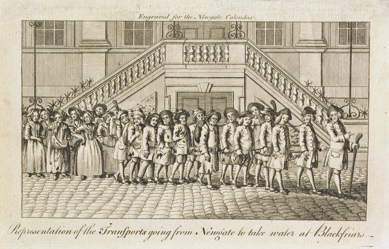 Une ligne de condamnés enchaînés de la prison de Newgate, Old Bailey, emmenés à Blackfriars pour être transportés, vers 1760 - English School
