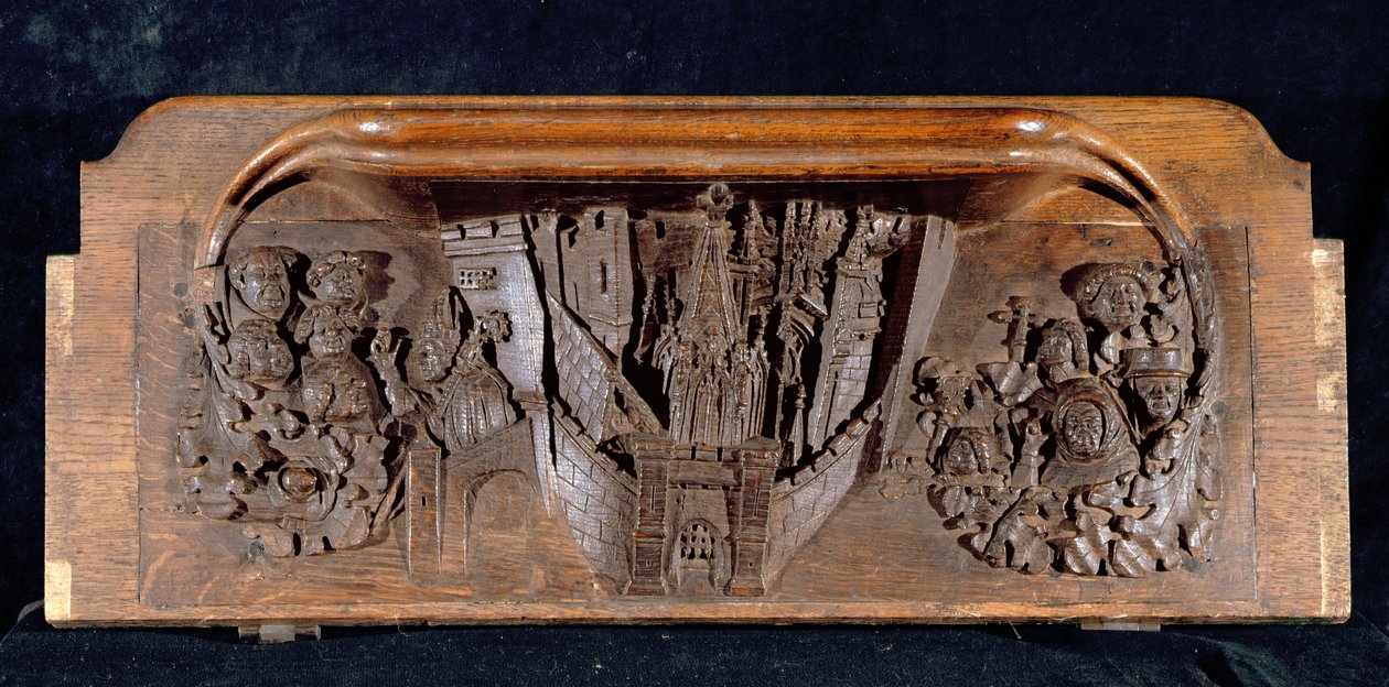 Une miséricorde représentant une ville fortifiée avec une porte et une herse levée, New College Chapel, Oxford, fin du 14ème siècle - English School