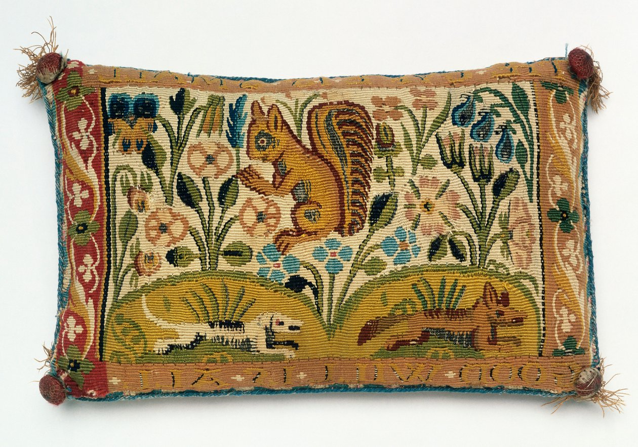 Panneau de tapisserie pour coussin à épingles avec un écureuil et la devise 