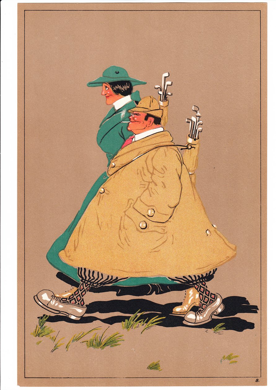 Impression de deux golfeurs dans des postures comiques et humoristiques, vers 1920 - English School