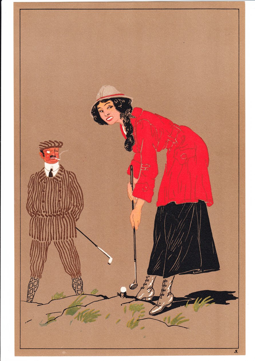 Impression de deux golfeurs dans des postures comiques et humoristiques, vers 1920 - English School