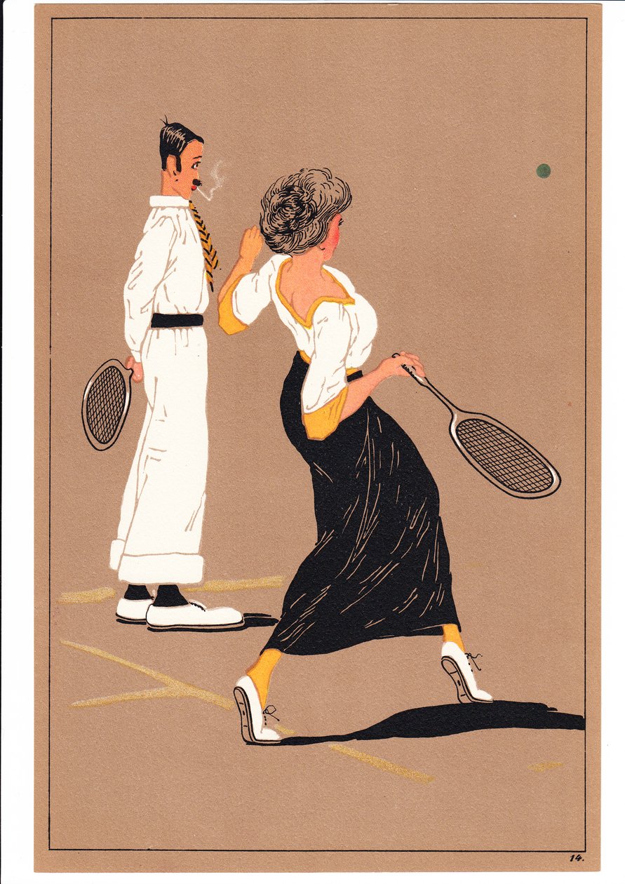 Gravure représentant deux joueurs de tennis dans des postures comiques et humoristiques, vers 1920 (lithographie en couleurs) - English School