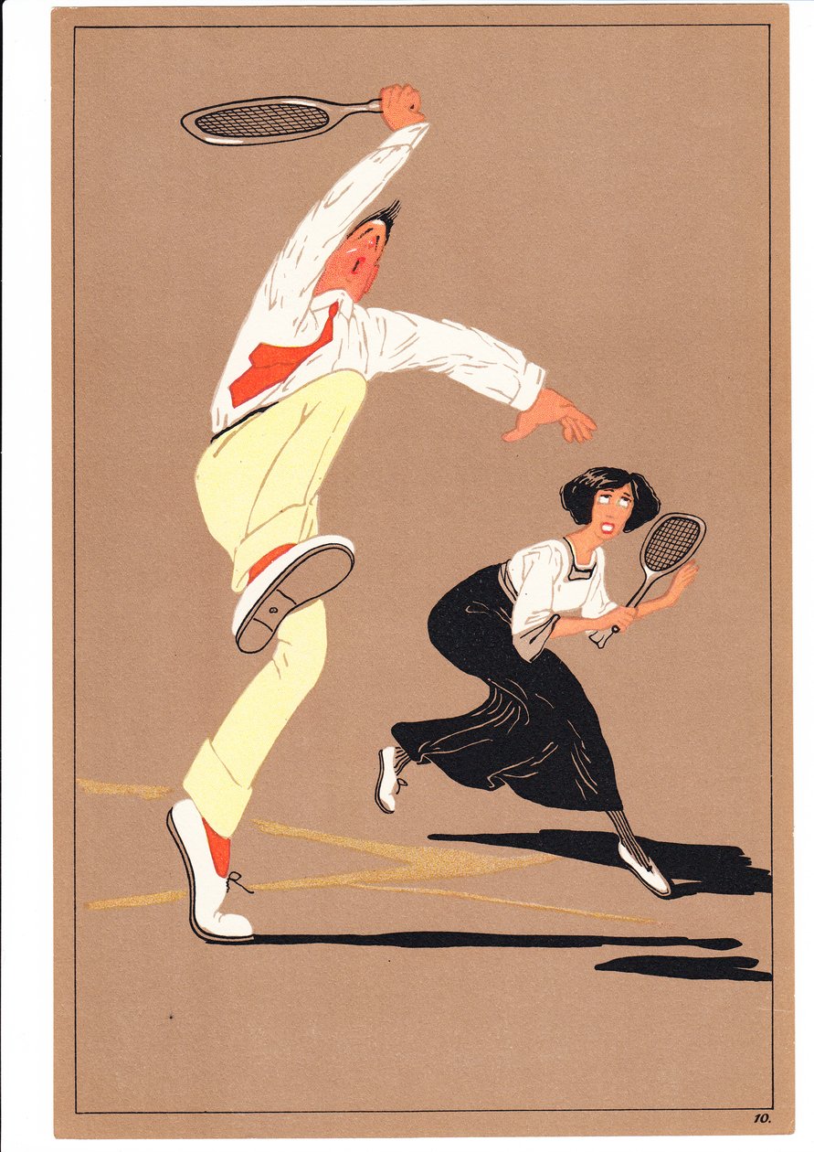 Une estampe de deux joueurs de tennis dans des postures comiques et humoristiques, vers 1920 - English School