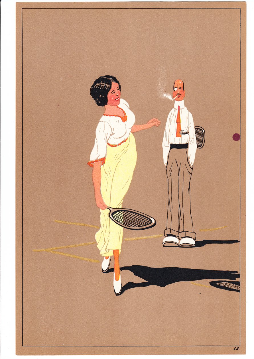 Deux joueurs de tennis en postures comiques et humoristiques, vers 1920 - English School