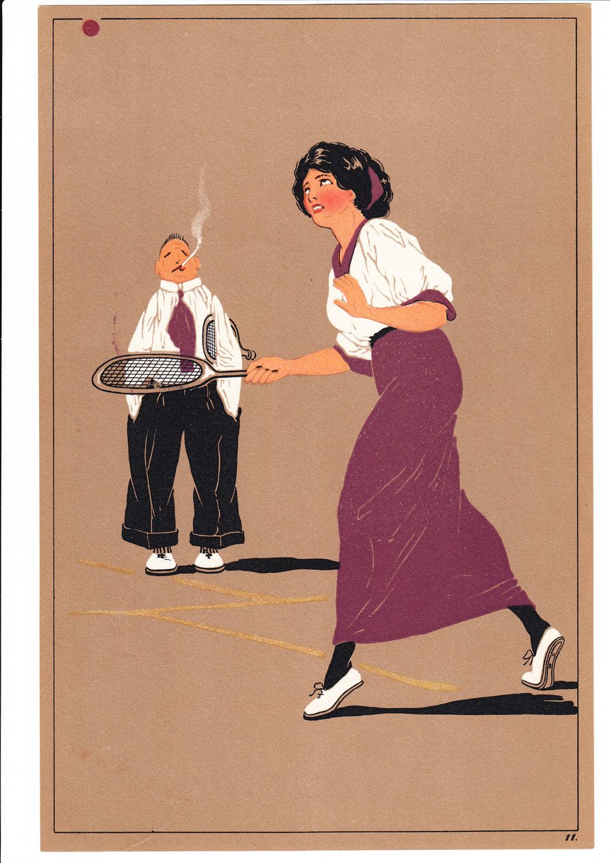 Impression de deux joueurs de tennis dans des postures comiques et humoristiques, vers 1920 - English School