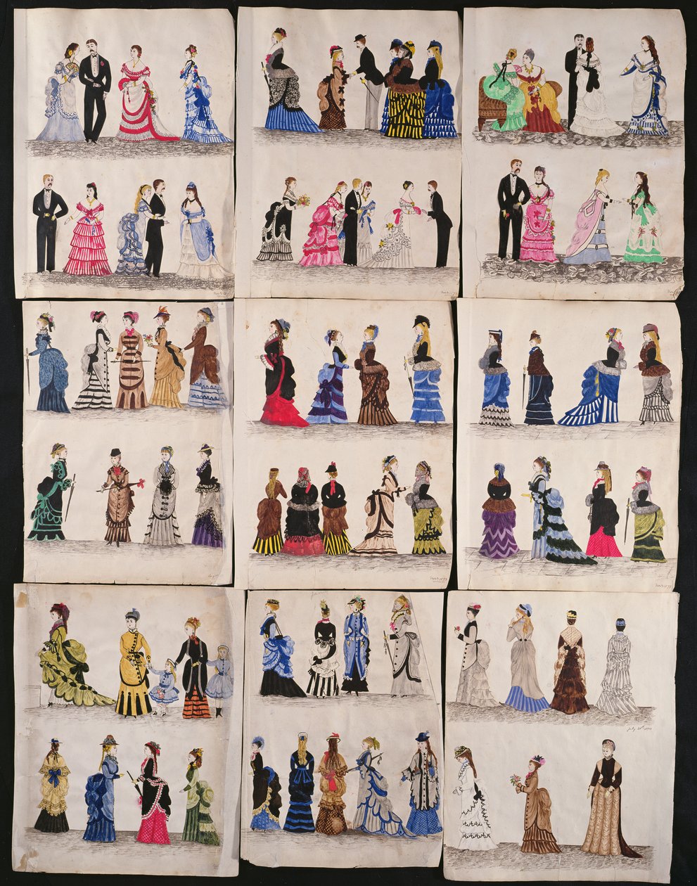 Une sélection de modes victoriennes, y compris des robes de bal et de promenade, vers 1876 - English School