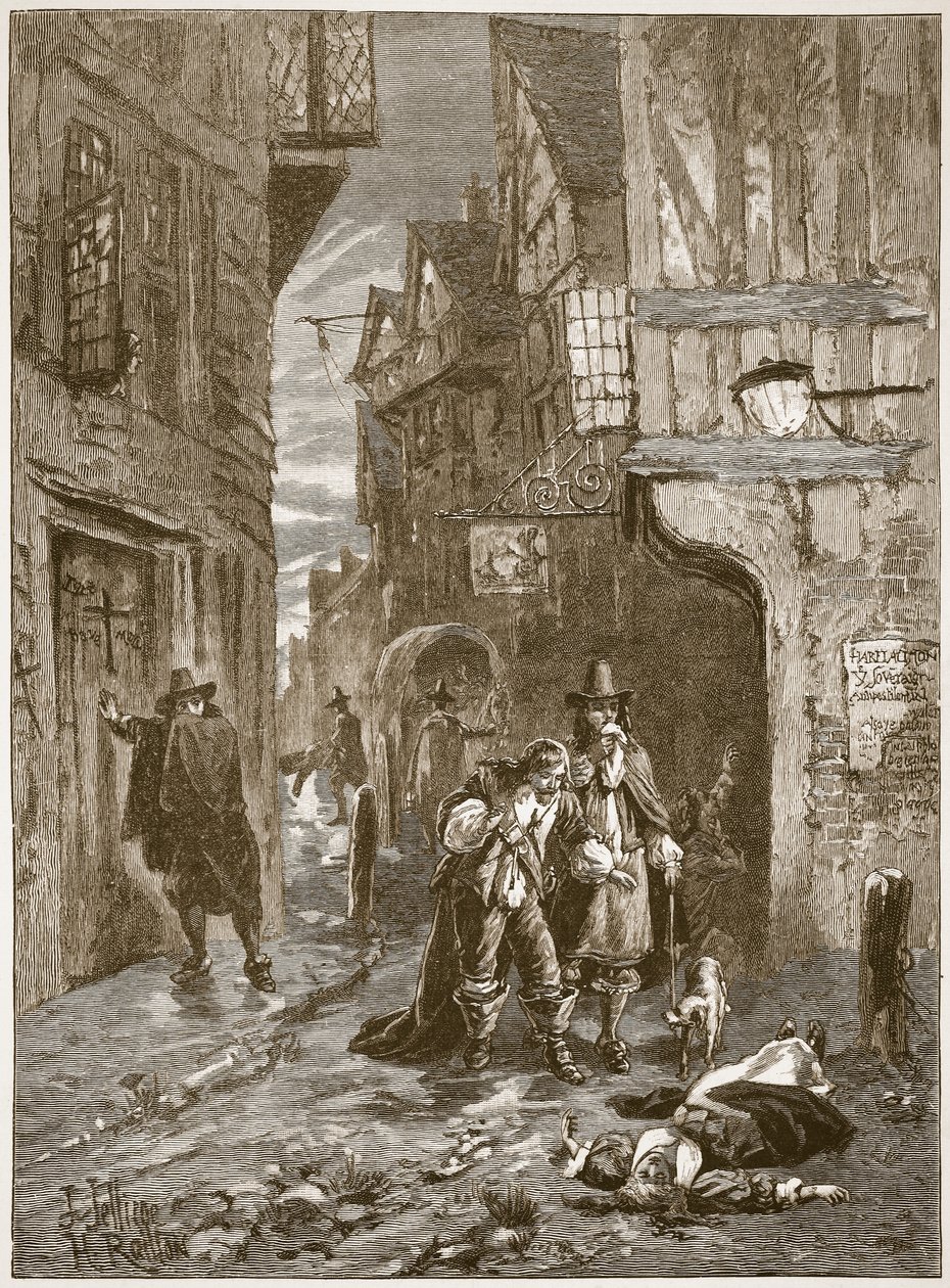 Une rue de Londres pendant la Grande Peste (illustration de Cassells Illustrated History of England) - English School