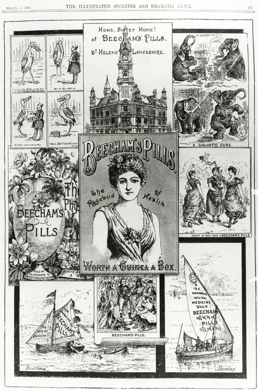 Publicité pour les pilules Beechams, le bouton de rose de la santé, 1890 - English School