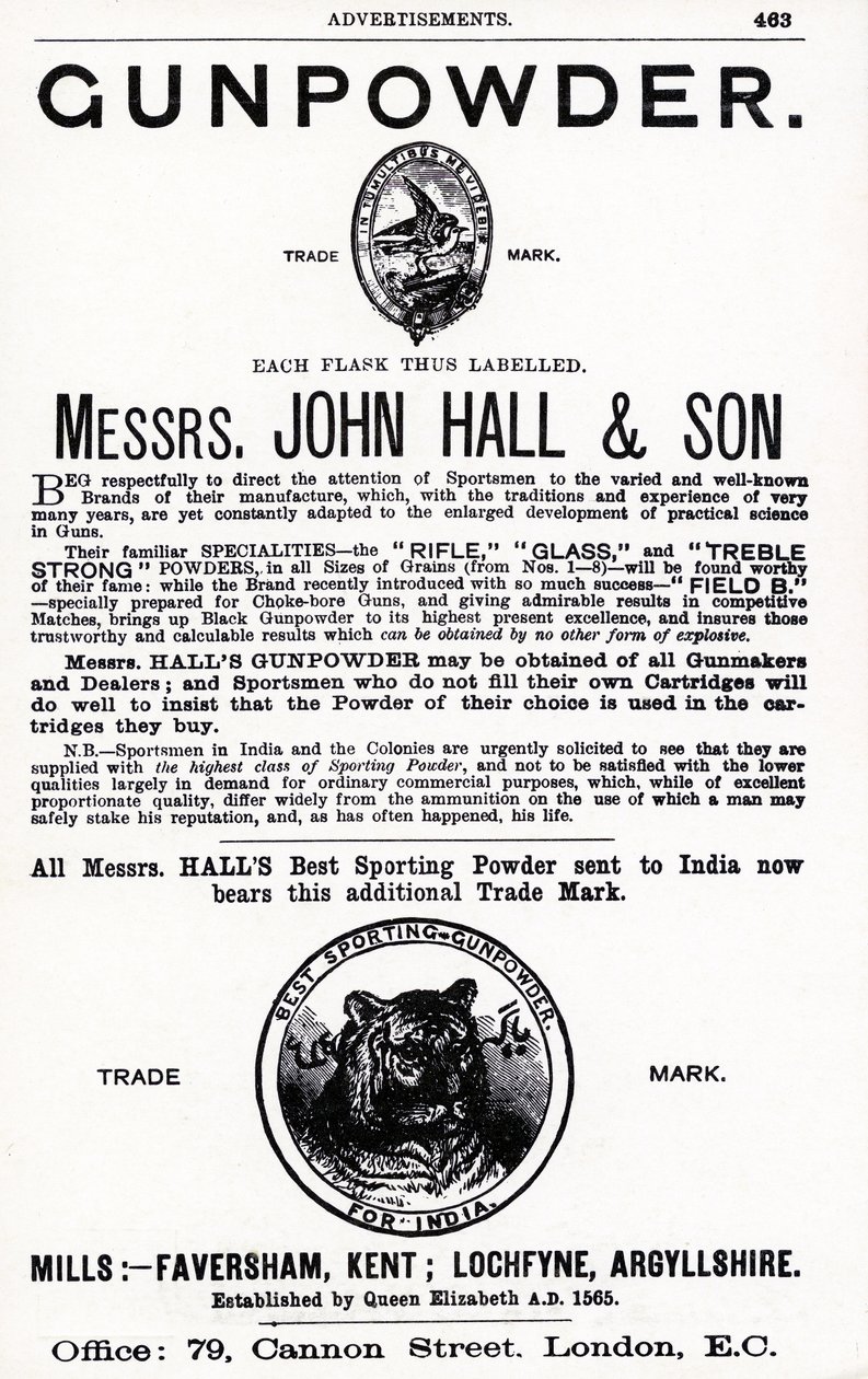 Publicité pour la poudre à canon par Messrs. John Hall & Son - English School