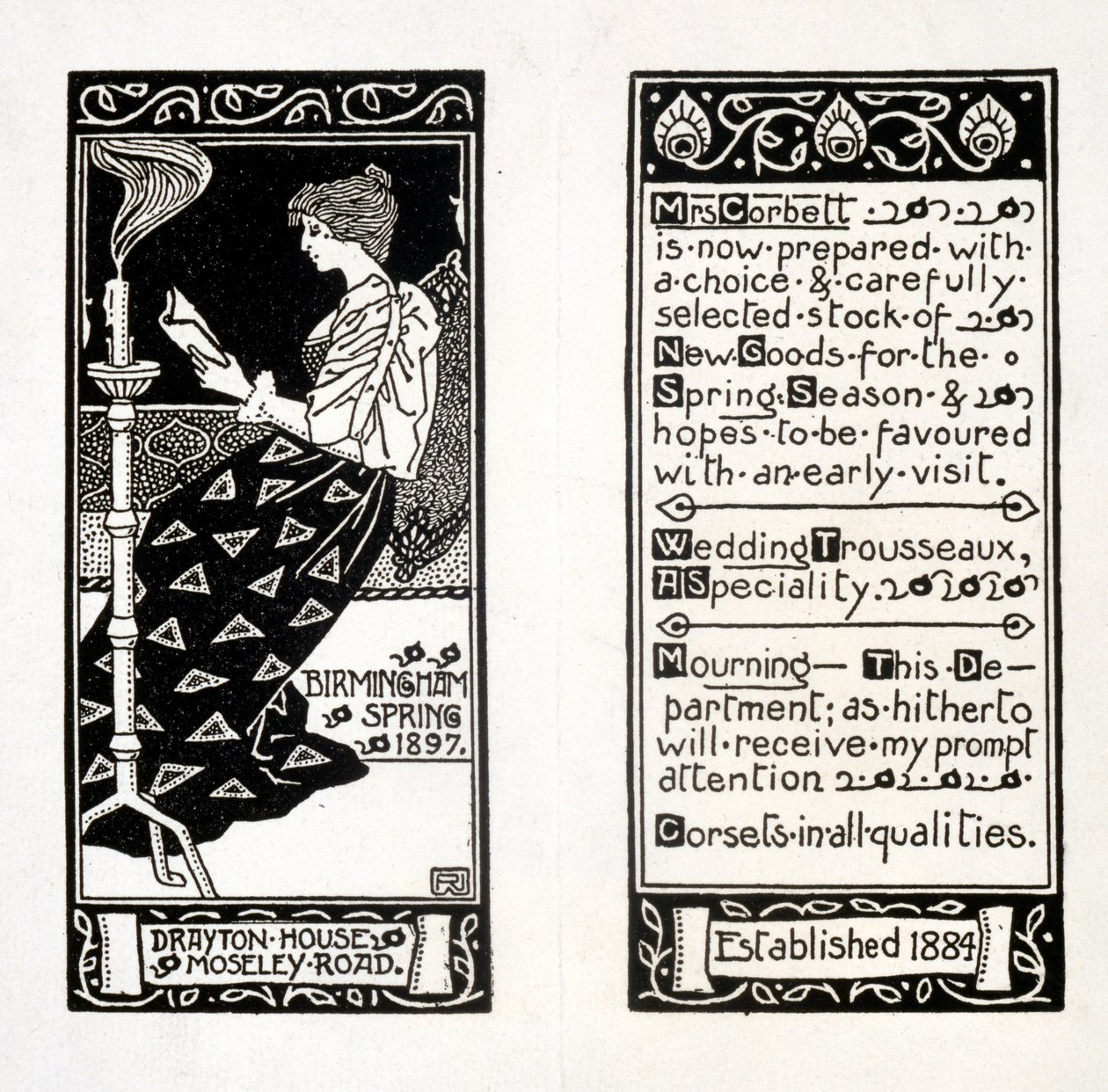 Publicité pour Mme Corbett à Drayton House, Birmingham, 1897 - English School