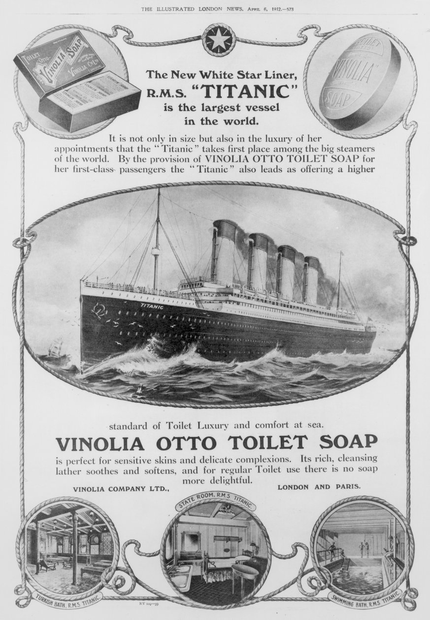 Publicité pour le savon de toilette Vinolia Otto, utilisé sur le "Titanic", tirée de "The Illustrated London News", 6 avril 1912 (gravure) (photo nb) - English School