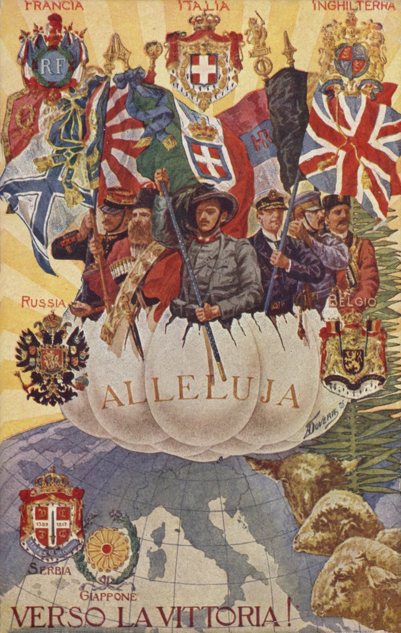 Soldats alliés hissant les drapeaux (lithographie couleur) - English School