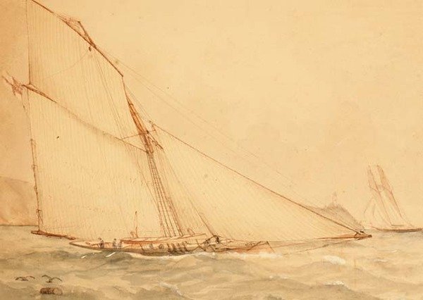 Un cotre à voile aurique de huit mètres, The Royal Yacht Squadron, vers 1860 - English School