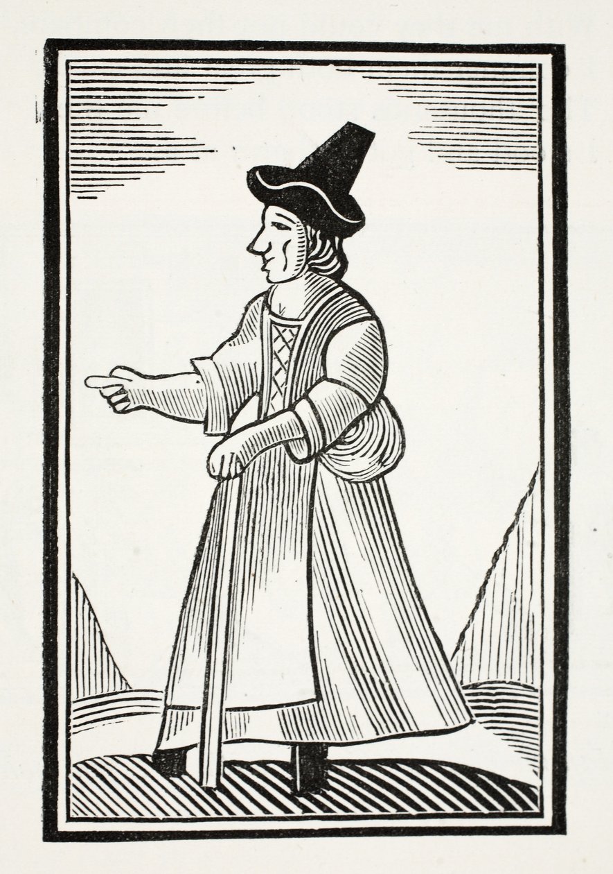 Une vieille femme grondant avec un chapeau haut couronné, illustration de Chap-books du XVIIIe siècle par John Ashton, pub. 1882 - English School