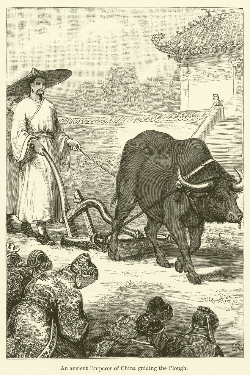 Un ancien empereur de Chine guidant la charrue (gravure) - English School