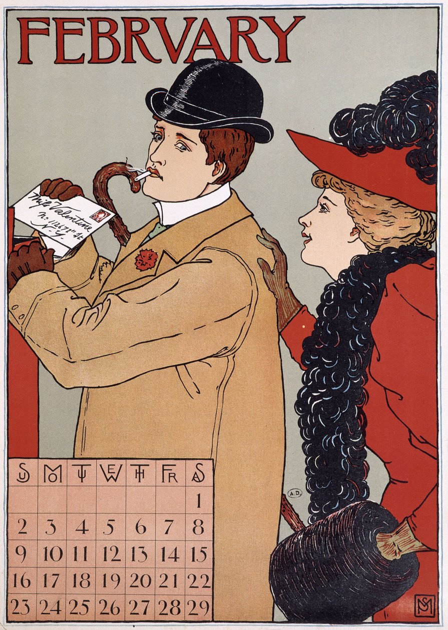 Un couple élégant (un homme poste une lettre), image de calendrier anglais, mois de février, fin du 19e siècle - English School
