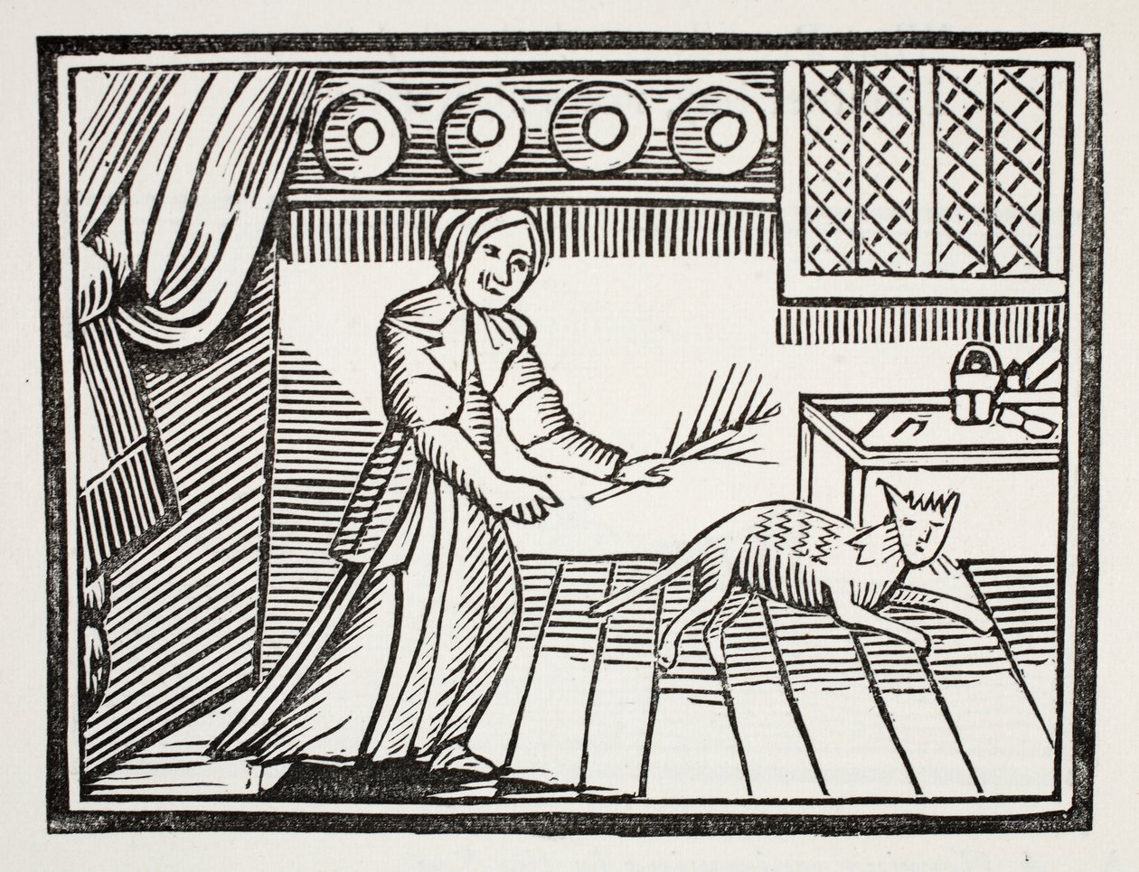 Une vieille femme fouettant son chat pour avoir attrapé des souris un dimanche, illustration de Chap-books du XVIIIe siècle par John Ashton, pub. 1882 - English School