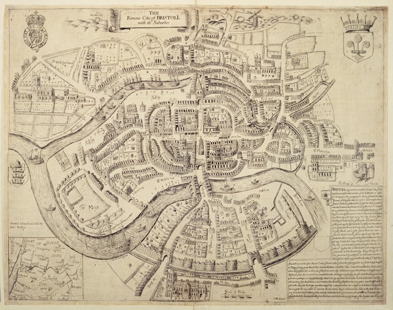 Carte ancienne de la ville de Bristol et de ses banlieues, imprimée, colorée et vendue par Robert Walton - English School