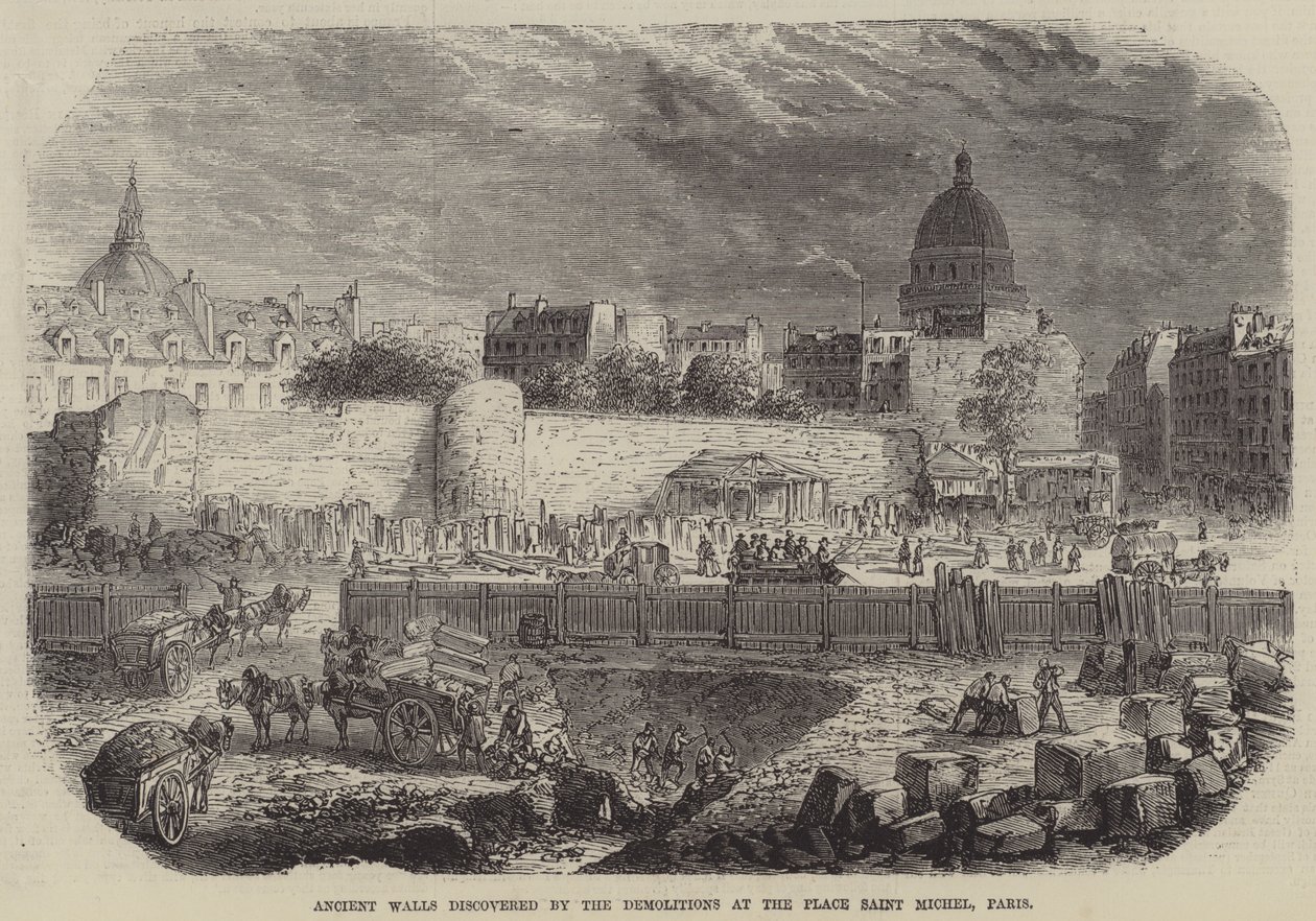 Murs anciens découverts par les démolisseurs de la place Saint Michel, Paris (gravure) - English School