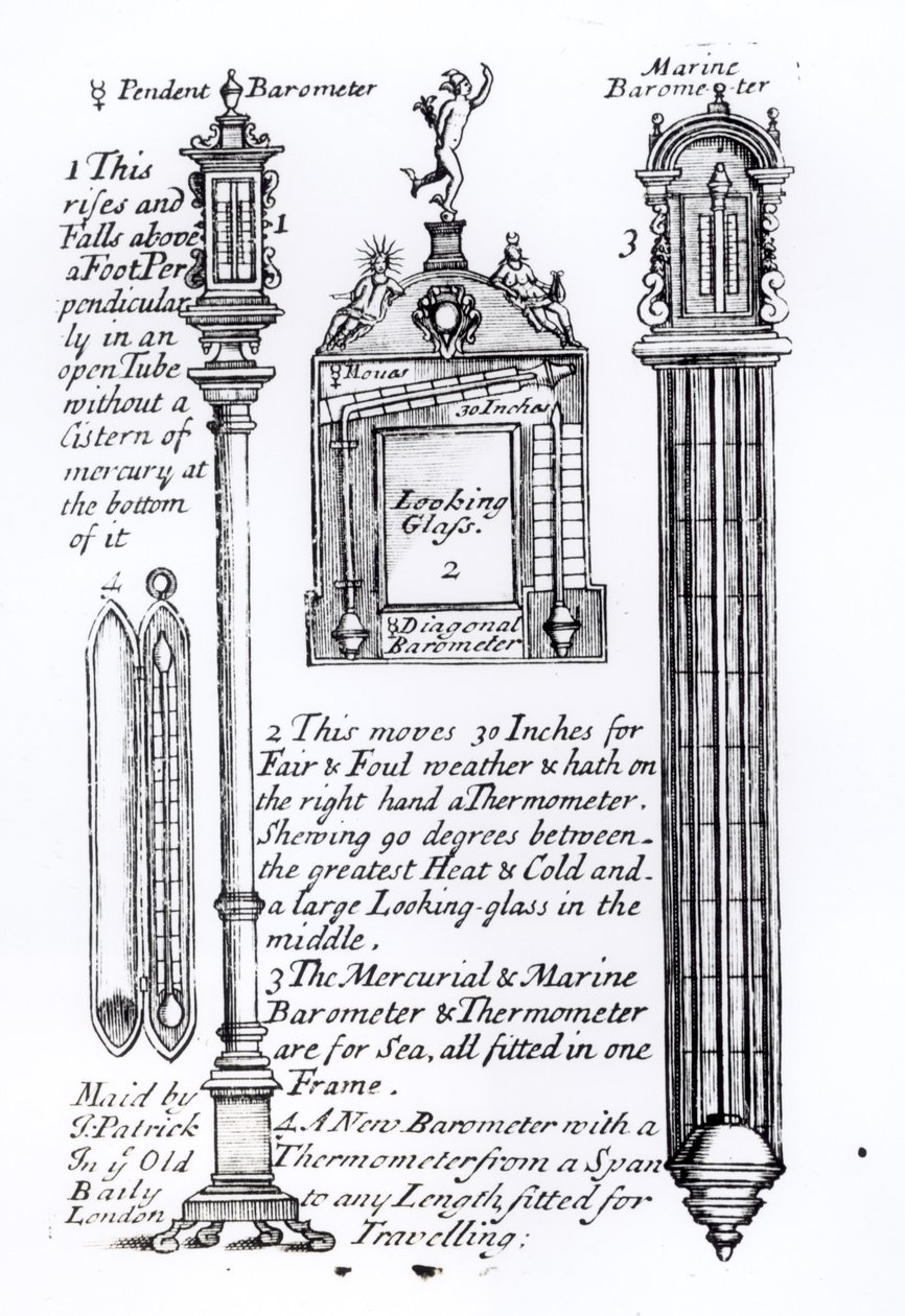 Illustration annotée de baromètres pendentifs, diagonaux et marins - English School