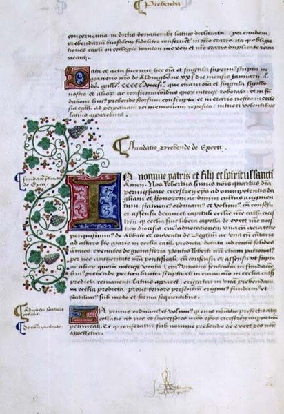 Page de texte avec initiale illuminée, du Livre des Fondations de Robert Sherborne ou Shirburn (c.1450-1536) Évêque de Chichester - English School