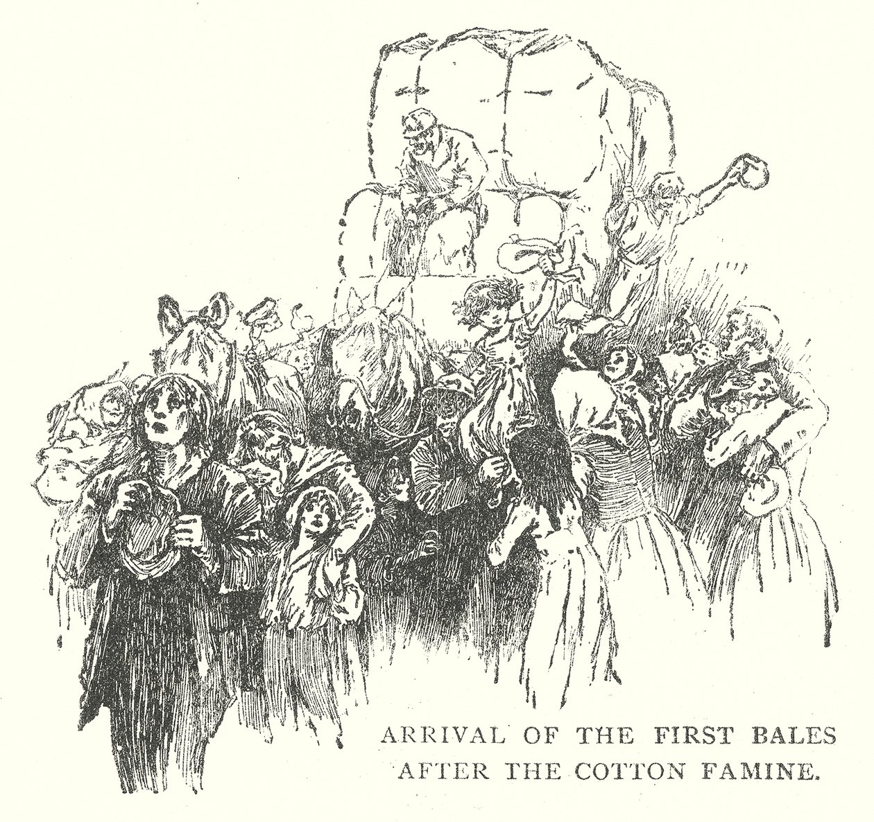 Arrivée des premières balles après la famine du coton (gravure) - English School