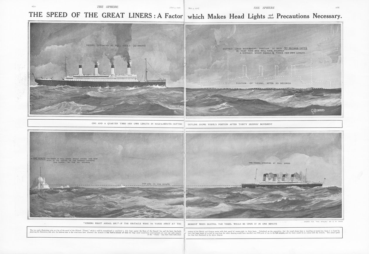Article sur la vitesse des grands paquebots : Un facteur qui rend les phares et autres précautions nécessaires, de The Sphere, 04 mai 1912 - English School