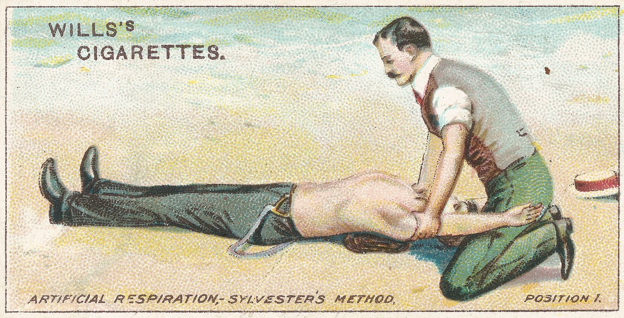 Respiration artificielle, méthode Sylvester - Position 1, no.17 de la série Premiers Secours des cartes de cigarettes Willss, 1913 - English School