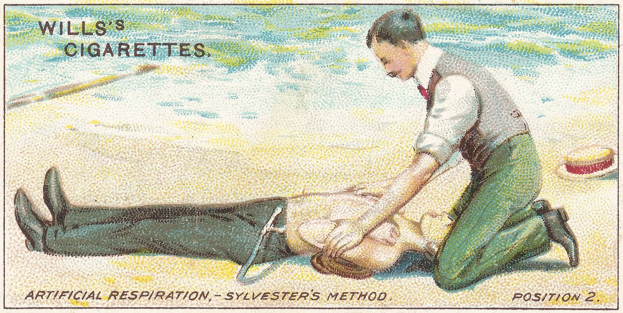Respiration artificielle, méthode Sylvester - Position 2, no.17 de la série Premiers Secours des cartes de cigarettes Willss, 1913 - English School