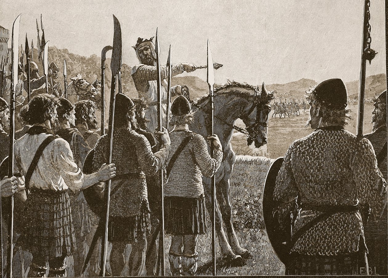 Bannockburn : Bruce passant en revue ses troupes avant la bataille, illustration de Cassells Illustrated History of England - English School